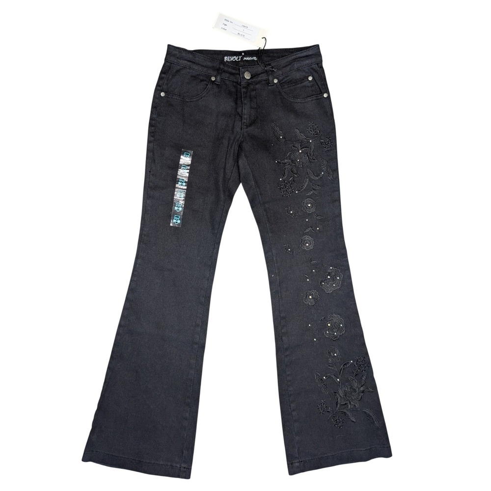 New Revolt Low Rise Flare Black Sz. 7โ Embroidered Floral & Gem Stone Details